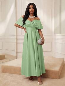 Savoree Women's Elegant Off-Shoulder Long Dress, Solid Color, Suitable For Party - Green - View 5