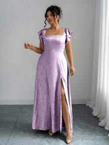 Elenzga Đầm dài tay bồng cổ vuông xẻ tà dành cho nữ cỡ lớn, chất liệu vải jacquard bóng màu xanh lá cây, đa năng cho đi làm, mặc hàng ngày, dự tiệc cưới, dạ hội, lễ tốt nghiệp, mua sắm, chụp ảnh, thoải mái và thời trang. - Màu tím - Xem 3