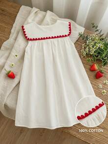 SHEIN 少女夏季休闲草莓刺绣无袖连衣裙 - 杏色 - 查看 3