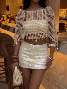 Selianne Áo choàng ngắn cổ thuyền phong cách Boho, móc len họa tiết mặt dây chuyền rỗng đính sequin, thích hợp cho bãi biển, lễ hội âm nhạc, áo dệt kim nữ, mùa xuân/hè. - Màu Khaki - Xem 3