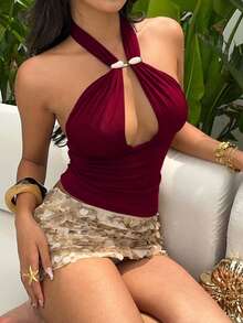 Top Sexy de Mujer  con Aberturas, Decoración de Hebilla Metálica, Cuello Halter con Cordones, Amarillo Claro, Primavera, Top para Salir, Top Sexy para Mujer - Burdeos - Ver 3