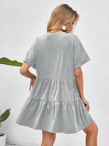 EMERY ROSE Rolled Cuff Ruffle Hem Babydoll Dress Vacation Beach Outfits Women - Light Grey - View 2