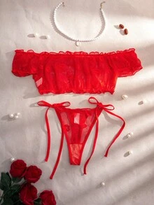 PetitDoll 女款唇形提花網紗內衣套裝，含細帶丁字褲，2件組 - 紅色 - 查看 3