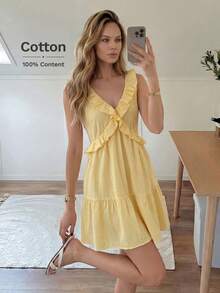 Easowa Đầm mini mùa hè dáng rộng, không tay, cổ chữ V, màu trơn, có bèo nhún ở gấu váy dành cho nữ. - Màu vàng - Xem 4