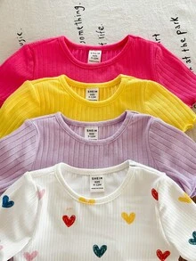 SHEIN 4pcs Baby Girl Solid Color Heart Pattern Knit T-Shirt Set - Multicolor - View 6