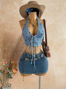 Soleia Women's Casual Cherry Print Halter Neck Backless Top, Versatile For Daily Wear - Multicolor - View 6
