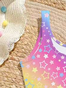 Colorful Ombre Star Print Cute Style Young Girls One-Piece Swimsuit, Suitable For Beach, Summer Vacation, Swimming Pool Party - Multicolor - View 4