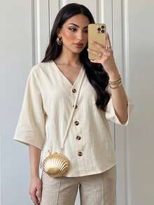 SHEIN Elenzya 女士V领单排扣休闲百搭日常衬衫 - 杏色 - 查看 1