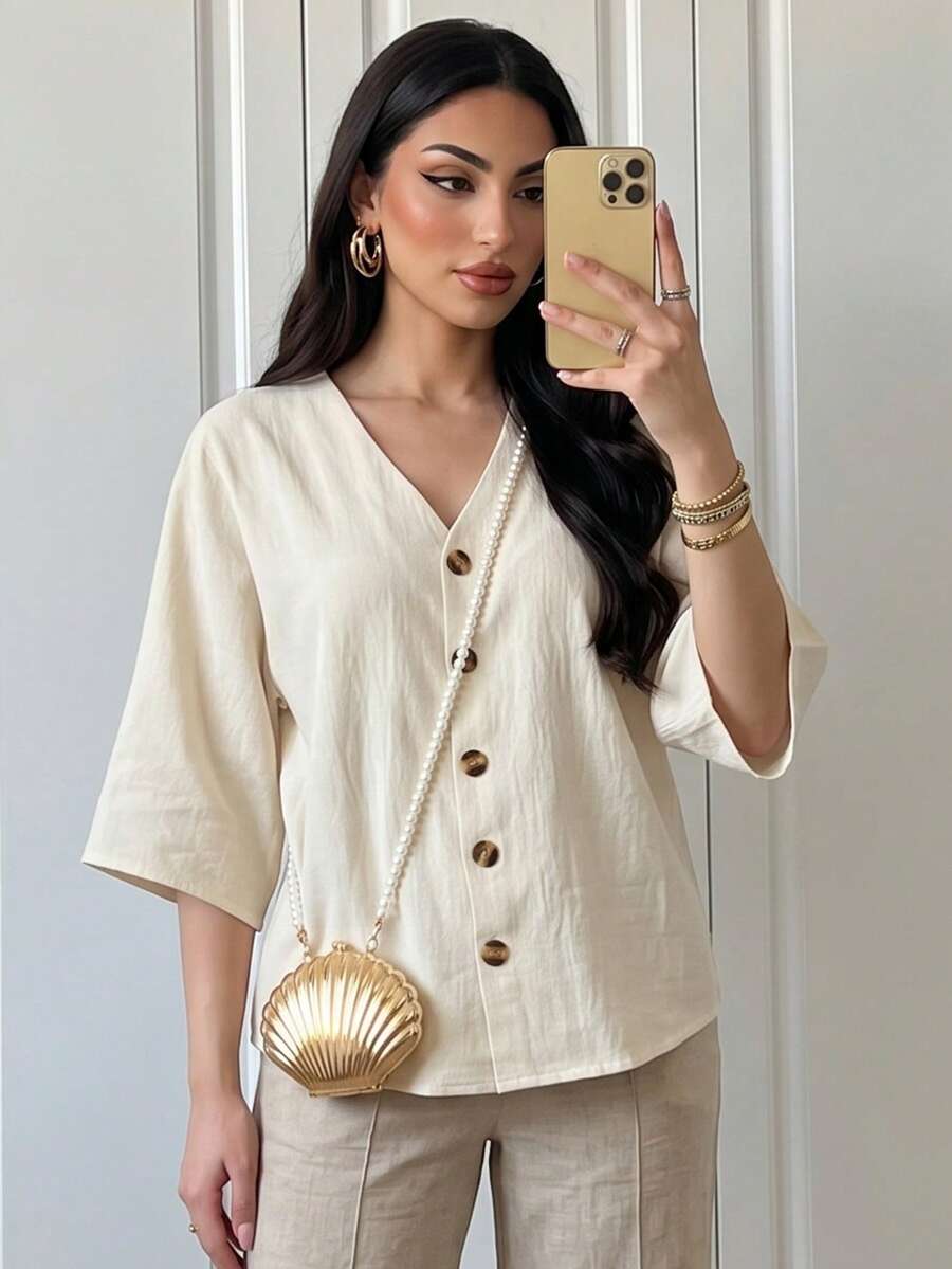 SHEIN Elenzya 女士V领单排扣休闲百搭日常衬衫 - 杏色 - 查看 1