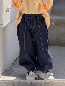 DAZY Jeans de pierna entallada con cintura elástica y pespuntes de contraste, moda casual de calle para niño - Azul - Ver 5