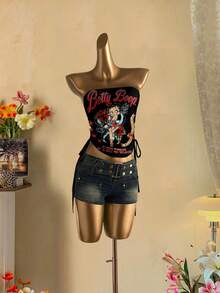 Betty Boop x SHEIN SHEIN Attitoon 休闲复古朋克 Y2K 百搭玫瑰与英伦做旧印花露脐上衣，适合音乐节、哥特风格、夏季外出 - 彩色 - 查看 3