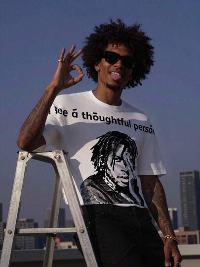 Torvinic Áo thun nam tay ngắn cổ tròn dáng rộng, in chữ và hình đồ họa.