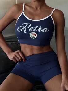 Livesso 2pcs/Set Women Summer Graphic Print Contrast Trim Camisole And Shorts Pajama Set - Black - View 1