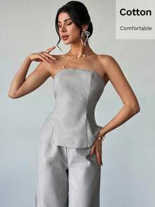 Firerie Bộ đồ nữ mới gồm áo quây và quần cạp chun kẻ sọc xám trắng, bộ đồ nữ thường ngày kẻ sọc, trang phục kẻ sọc xám trắng, bộ đồ nghỉ dưỡng tối giản, trang phục xuân hè, thanh lịch, đi làm, trang phục công sở, đi học, nghỉ mát, phong cách bohemian, đi biển, dịp trang trọng, thoải mái. - Màu Xám nhạt - Xem 6