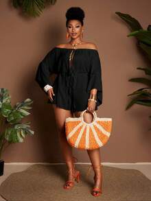 Maweii Bộ jumpsuit gợi cảm hở vai dành cho nữ cỡ lớn, thích hợp cho kỳ nghỉ. - màu đen - Xem 3