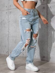 SHEIN ICON 大码女式夏季牛仔风破洞牛仔裤 - 藍色 - 查看 3
