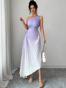 Modelyn Yellow Sleeveless Asymmetric Neck Pleated Ombre Dress For Women - Purple - View 7
