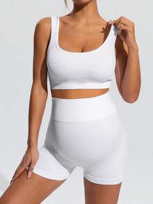 SHEIN Maternity Solid Color Cropped Tank Top And Sports Shorts Set,Word Cup - White - View 5