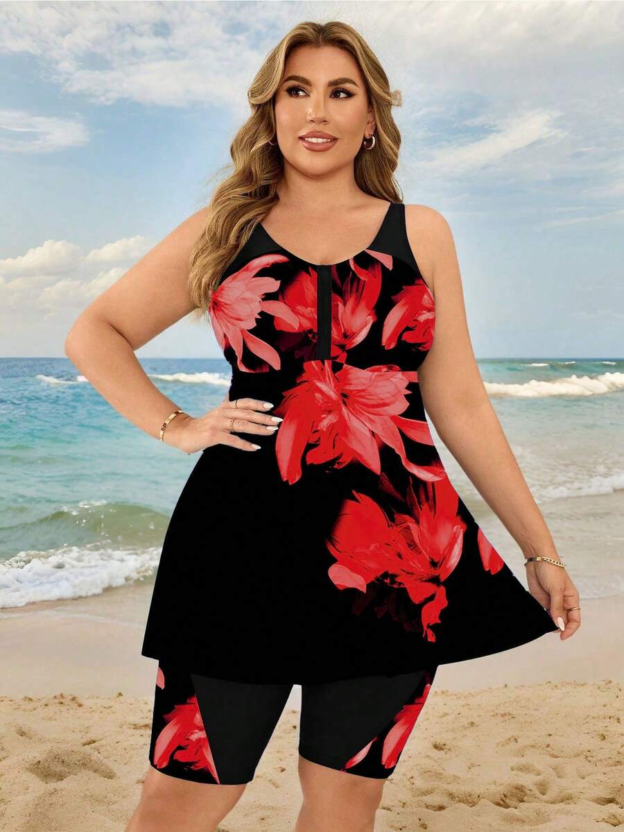 SHEIN Swim Lushore 大码女式花卉数码印花保守款吊带泳衣，显瘦沙滩派对度假泳装，妈妈们的理想之选 - 紅色 - 查看 1