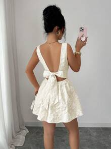 Elenzga Women's Floral Jacquard Square Neck Backless Sleeveless Fashion Dress - Apricot - View 2