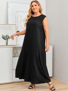 SHEIN Najma CURVE Plus Solid Maxi Tank Dress - Black - View 4