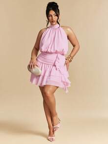 SHEIN BAE 大码女式夏季荷叶边吊带迷你连衣裙，粉色 - 粉色 - 查看 3