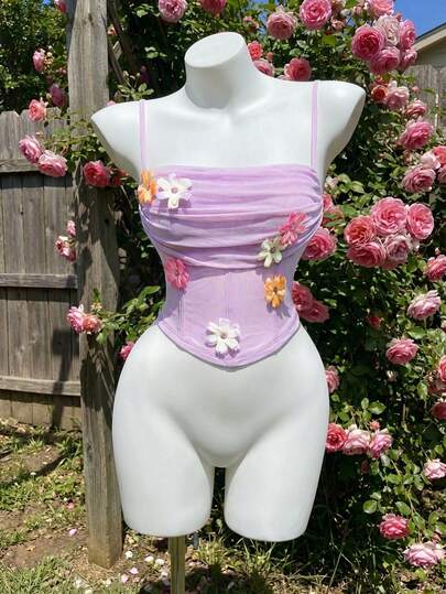 SHEIN MOD 女士3D立体花卉装饰荷叶边吊带背心，适合约会和外出穿着