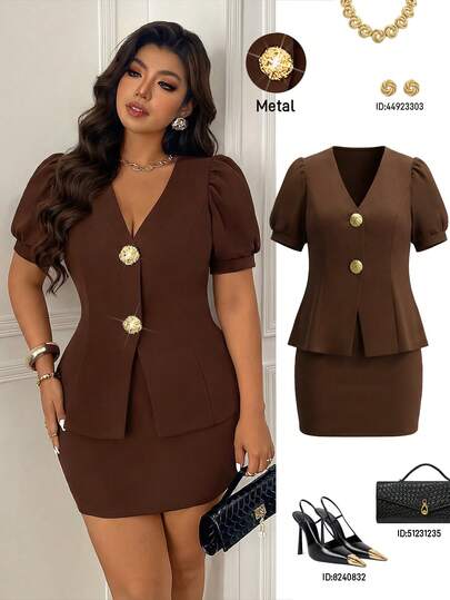 Femmeverse Gold Button Chocolate Brown Custom Suit Mini Skirt Matching Set, Vintage V-Neck Gold Button Suit Style Plus Size Slimming Outfit
