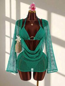 Amplova 3pcs Women's Sexy Halter Bikini Set - Top, Bottom, And Cover-Up Summer Beach Vacation Bathing Suit - Green - View 1