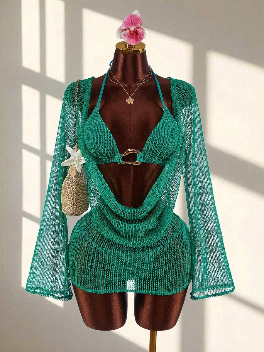 Amplova 3pcs Women's Sexy Halter Bikini Set - Top, Bottom, And Cover-Up Summer Beach Vacation Bathing Suit - Green - View 1