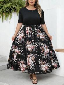 SHEIN CURVE+ Curve 尺码 US22 音乐节、海滨度假、波西米亚风夏季休闲度假印花拼接短袖连衣裙长裙 - 彩色 - 查看 5