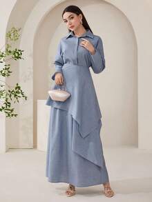 Veilorie Women's Solid Color Long Sleeve Single-Breasted Shirt And Midi Skirt Arabic Style Set Teachers' Day Golf Pastal Autumn Sexy - Blue - View 6