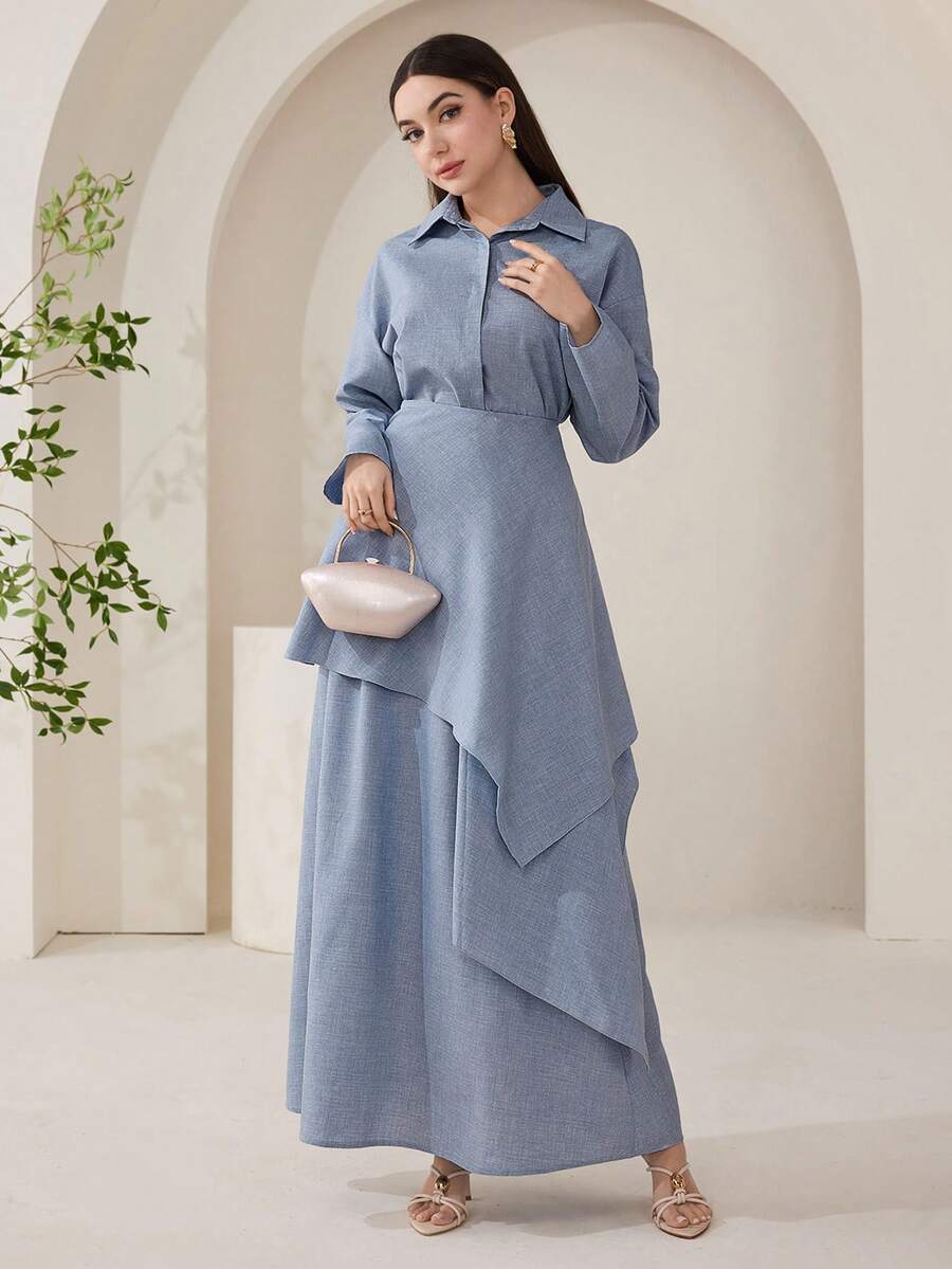 Veilorie Women's Solid Color Long Sleeve Single-Breasted Shirt And Midi Skirt Arabic Style Set Teachers' Day Golf Pastal Autumn Sexy - Blue - View 1