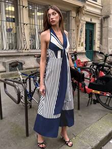Pariaura Sleeveless Halter Backless Striped Dress, Elegant Chic Dress Suitable For Spring, Summer, Autumn, Winter, Suitable For Dates, Elegant Casual, Commuting, Vacation, Business Office, Versatile, Daily Casual Wear, Exuding Graceful Elegant, Beach, Seaside Women Dress Elegant Dress Halter Neck Dress Maxi Dress - Navy Blue - View 3