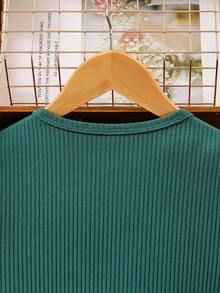 SHEIN 少女时尚几何印花圆领罗纹连衣裙，适合假日、夏季和旅行 - 綠色 - 查看 7