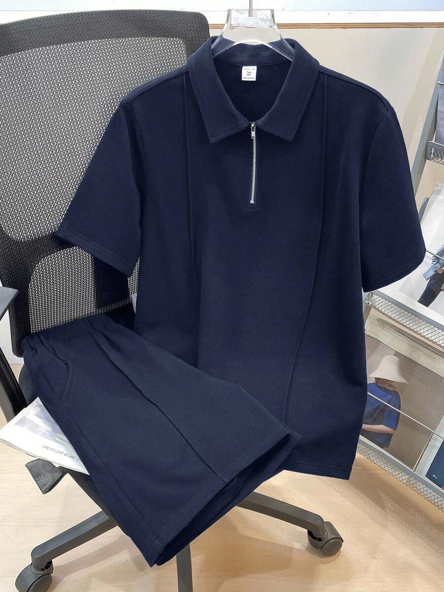 SHEIN 青少年男童宽松休闲翻领针织纯色短袖polo衫和短裤两件套,适合春夏穿着,日常穿着,运动,郊游,上学,聚会,节日,拍照等场合。 - 藏蓝色 - 查看 1