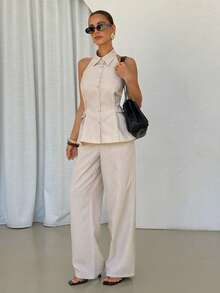 Lavishia Beige Women's Summer Halter Shirt And Pants Set,Elegant Vacation Holiday Linen Coord Set,Business Casual 2 Piece Outfits For Office Wear,Petite Suit - Apricot - View 6