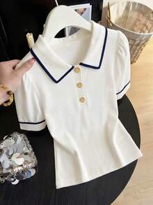 GlowEve CURVE Plus-Size Spring Casual & Commute Wear: Tops & T-Shirts - Casual Color-Block Polo Shirt With Metal Button Accents (Women's Office Attire) - Blue and White - View 5