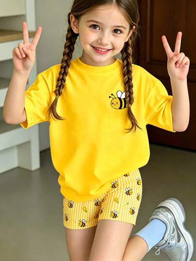 Bộ 2 món cho bé gái 4-7 tuổi, áo thun ngắn tay kẻ sọc in hình ong và hoa + quần short, trang phục nhẹ nhàng, kiểu dáng tươi tắn và dễ thương, phù hợp mặc hàng ngày, đi học, ngày lễ thiếu nhi, mùa xuân/hè/thu.