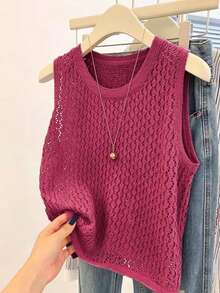 Nubod Áo vest len cổ tròn màu xanh navy thắt dây, thời trang tối giản, đa năng dành cho nữ cỡ lớn năm 2026, phù hợp mặc hàng ngày. - Hồng - Xem 3