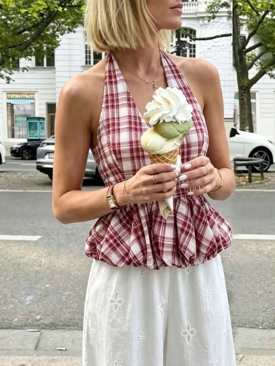 SHEIN PariChic 红白格子露背吊带背心，优雅夏季度假装，时尚派对服饰 - 彩色 - 查看 1