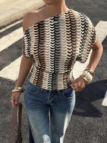 Siren Gaze Women's Striped Asymmetrical Shoulder Top, Spring/Summer,Summer Top - Multicolor - View 5