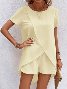 EMERY ROSE Women's Summer Casual Vacation Commute Solid Color Short Sleeve Wrap Cross Top And Shorts 2-Piece Set Vacation Pale Yellow - Apricot - View 5