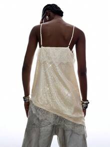 LYSMO Áo camisole nữ phối ren, đính sequin, kiểu dáng thường ngày, đa năng. - Màu be - Xem 2