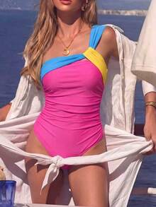 SHEIN Swim Basics 女士度假撞色褶皱连体泳衣 - 玫紅色 - 查看 2