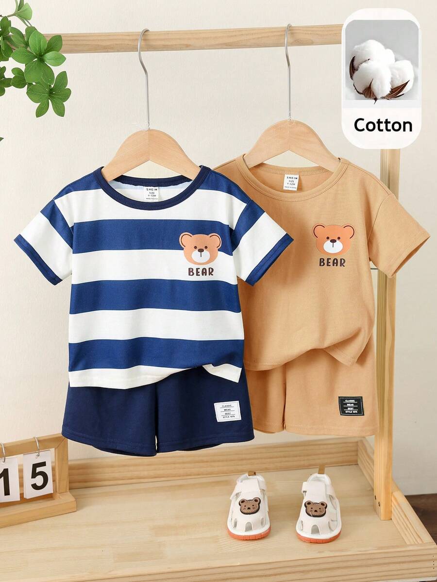 SHEIN 4pcs/Set Baby Boy Cute Cartoon Print Knit Short Sleeve Pajama Set, Summer Basic Multi-Piece Outfit - Multicolor - View 1