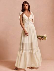 Enchnt Vestido elegante de mujer de gasa con encaje de contraste y fluido - Albaricoque - Ver 2
