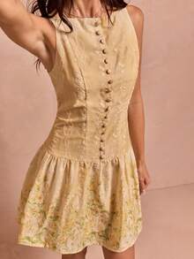 Enchnt Đầm không tay in họa tiết thời trang dành cho nữ, thích hợp cho mùa hè. - Màu vàng - Xem 2