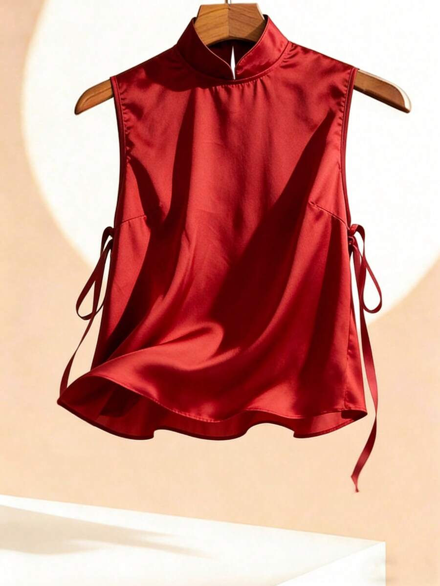 EMERY ROSE Plus Size New Chinese Style Cheongsam Collar, Decorated With Woven Ribbons On Both Sides Gym Brown Summer - Burgundy - View 1