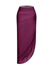 Swim Oasis Traje de baño de una pieza de color sólido + falda para mujer, conjunto de salida para primavera/verano - Burdeos - Ver 5